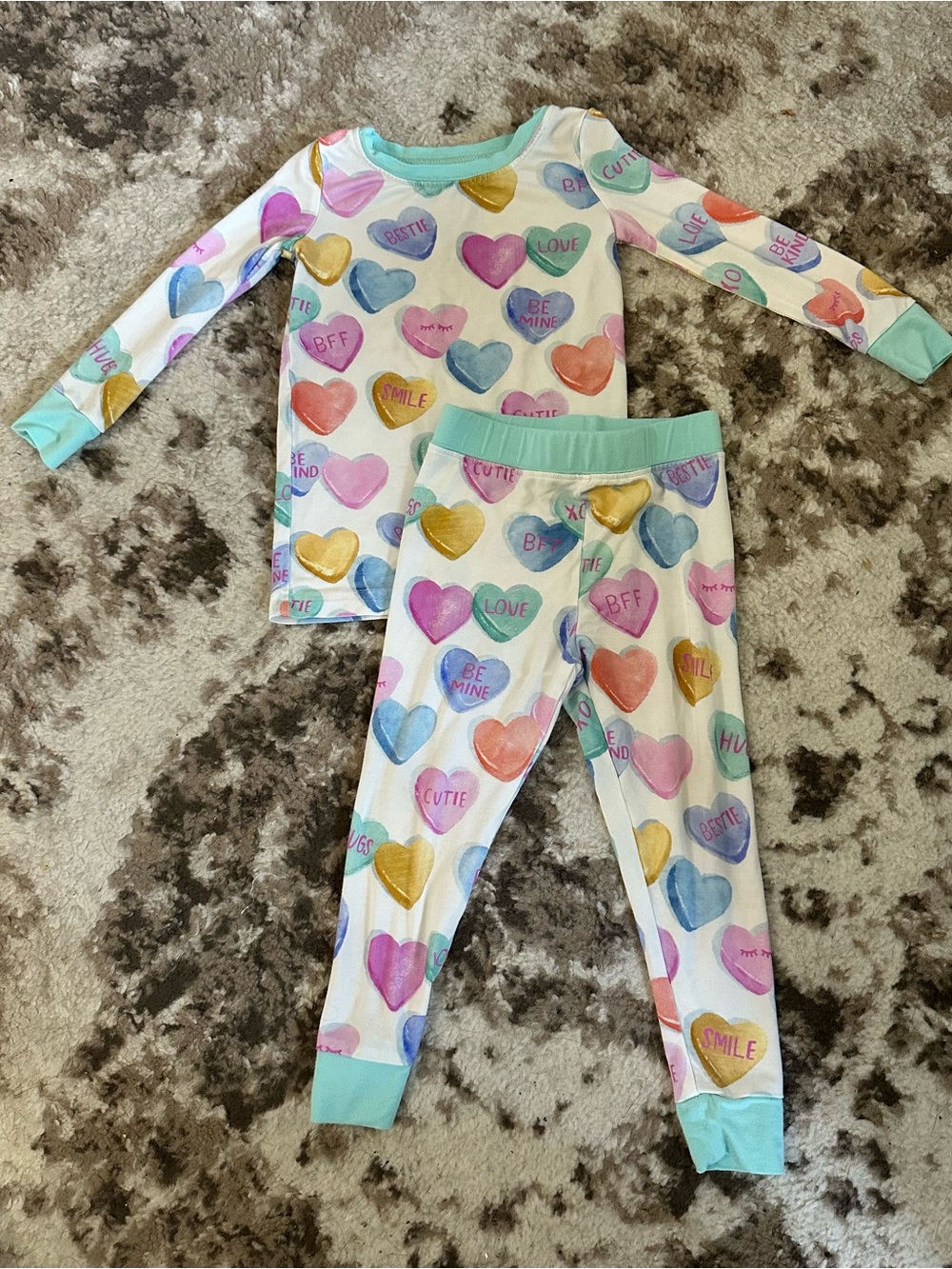 Little Sleepies Pastel Conversation Heart Cotton Pajama Set - Mint Trim